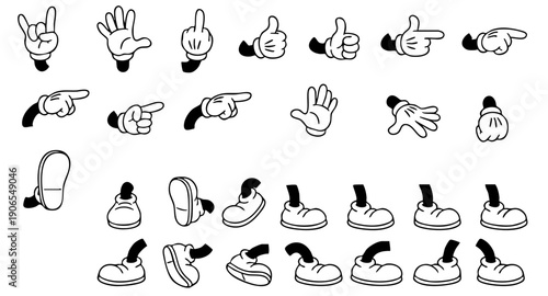 Retro cartoon legs and hands, Hands with gloves and feet with boots, various poses for characters, a set of poses, gestures, placement of hands and feet. Mascot character set. Cartoon set of limbs