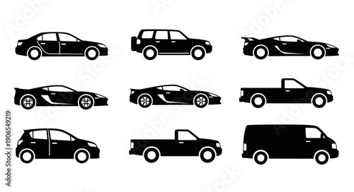 Collection of Silhouetted Vehicles Showing Different Types of Cars and Trucks.