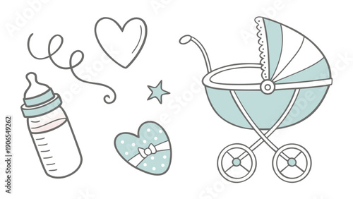 Charming pastel baby shower elements including a carriage bottle and heart shapes