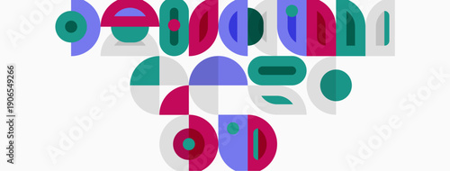 Abstract geometric shapes, colorful composition. Circles, rectangles, overlapping forms create modern design. Minimalist aesthetic, playful arrangement.