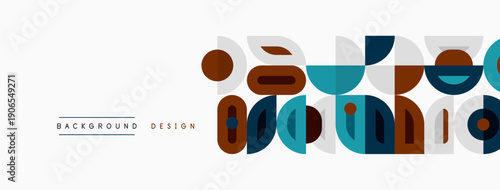 Geometric shapes create abstract pattern. Colors include blue, orange, teal, gray. Minimalist design suitable for backgrounds.