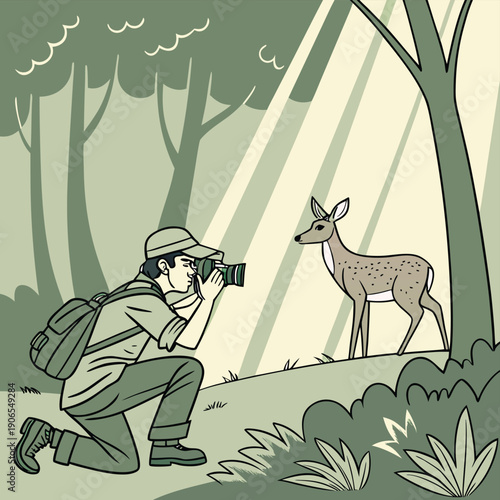 Wildlife photographer patiently capturing a spotted fawn standing illuminated by forest sunlight