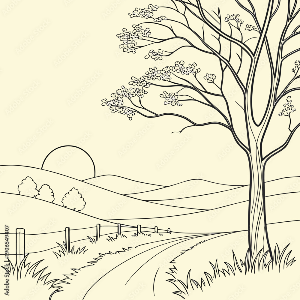 Fototapeta premium Simple black and white drawing of a country road winding toward a distant sunset