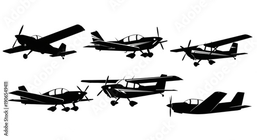 Collection of Silhouetted Small Airplanes and Aircraft.