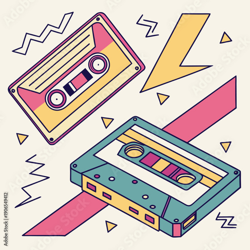 Vibrant isometric illustration featuring two retro cassette tapes with abstract geometric accents