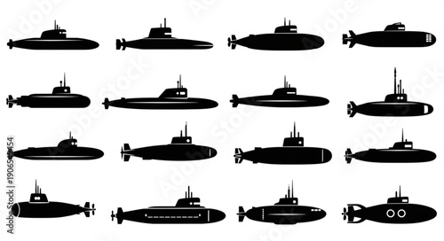 Collection of Silhouetted Submarine Icons and Vector Graphics.