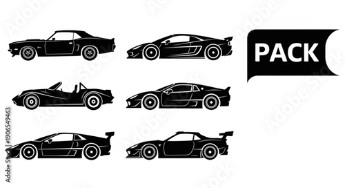 Collection of Silhouetted Sports Cars and Classic Cars.