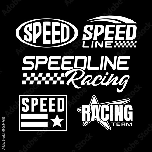 Auto Racing Streetwear Logo Y2K Style Racing Badge Emblems Graphics Set Vector Collection. Futuristic Y2K Style Typography Tshirt for Decal Auto Streetwear Clothing Brand