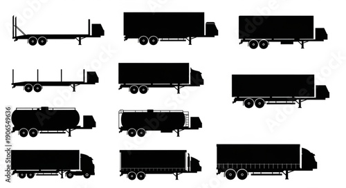 Collection of Silhouetted Trucks and Trailers for Transportation and Logistics.