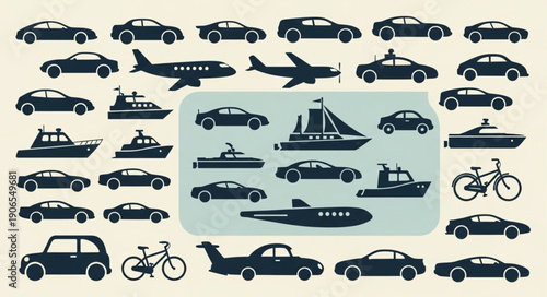 Collection of Silhouetted Transportation Vehicles and Modes.