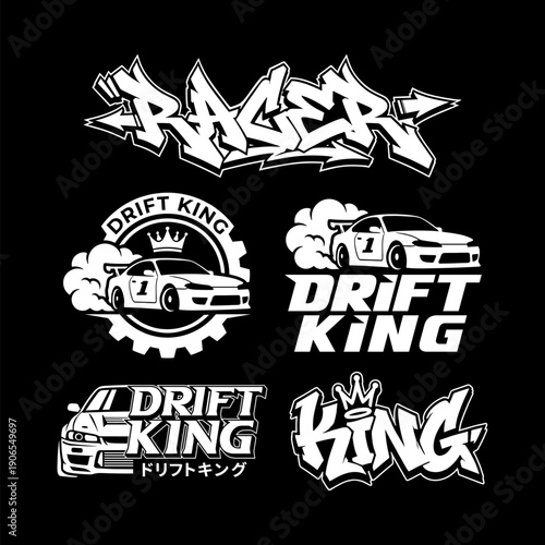 Auto Racing Streetwear Logo Y2K Style Racing Badge Emblems Graphics Set Vector Collection. Futuristic Y2K Style Typography Tshirt for Decal Auto Streetwear Clothing Brand