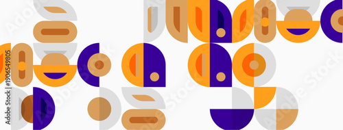 Abstract geometric pattern. Circles, semicircles, rectangles overlap creating playful composition. Orange, purple, gray dominate design.