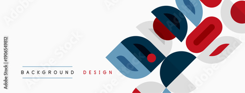 Abstract geometric shapes overlap, creating modern design. Red, blue, gray tones dominate white background. Minimalist aesthetic.
