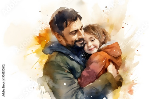 Wallpaper Mural Watercolor illustration of a smiling father hugging his happy daughter, capturing warmth, love, and joyful family connection with artistic splashes Torontodigital.ca