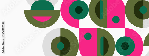 Abstract geometric pattern. Circles, semicircles, rectangles combine creating playful design. Pink, green hues dominate neutral background.