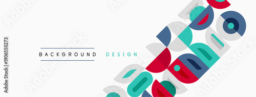 Abstract geometric shapes create dynamic background. Colors include blue, red, teal, gray. Minimalist design suggests modern aesthetic.