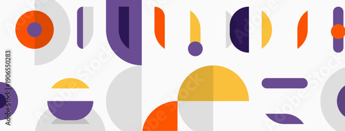 Abstract geometric shapes, circles, rectangles, lines. Minimalist design with orange, purple, gray tones. Modern aesthetic.