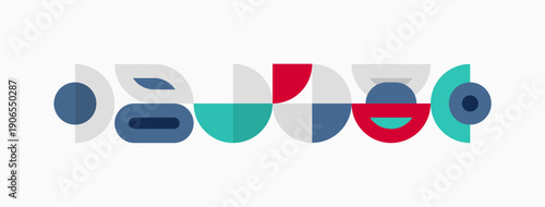 Abstract geometric shapes, circles, rectangles, teal, gray, red. Minimalist design, modern aesthetic, clean lines, simple composition.