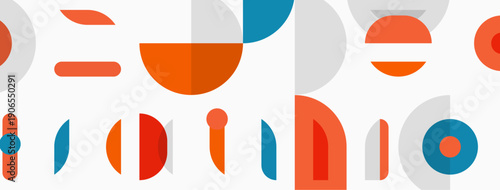 Abstract geometric shapes form word studio. Orange, gray, teal colors dominate design. Minimalist aesthetic, modern typography present.