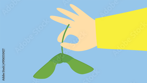 Illustration of a man's hand holding a bow tie on a blue background