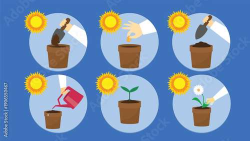 Flat design icons set of gardening tools, watering can, flowers, sunflower. Vector illustration