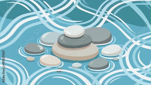 Stacked zen stones balanced in calm blue water