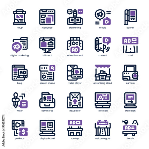 Advertising Tool Icon pack for your website, mobile, presentation, and logo design. Advertising Tool Icon dual tone design. Vector graphics illustration and editable stroke.
