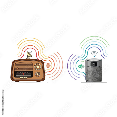 Illustration of vintage radio and modern speaker with colorful sound waves on World Radio Day, conveying a connection between old and new technology.