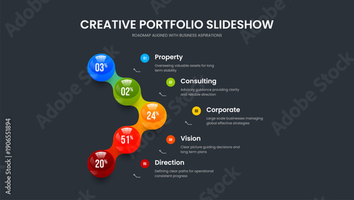 Colorful Innovation 5 Option Infographic Slide Design. Corporate Growth Frame Layout Vector Illustration. Marketing Analysis Five Step Diagram Slideshow Template.