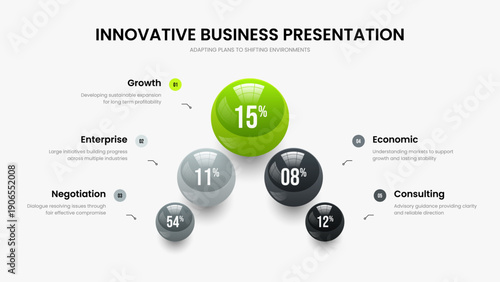 Clean Proposal Five Option Graph Frame Layout. Marketing Review 5 Step Diagram Slideshow Template. Consulting Portfolio Presentation Design Vector Illustration.