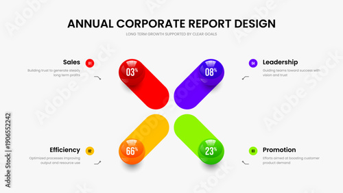 Creative Briefing Slide Template Vector Illustration. Advertising Introduction 4 Step Graph Frame Design. Professional Proposal Four Element Infographic Slideshow Layout.