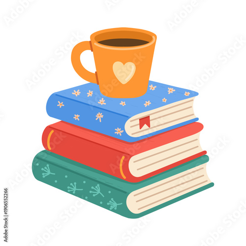 Stack of books with a coffee mug on top and bookmark. For reading posters, stationery, library promos, stickers, web banners.