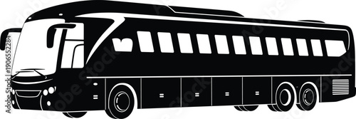 Black and white silhouette of modern passenger coach bus with three axles, large windows, luggage compartments, streamlined design vector illustration