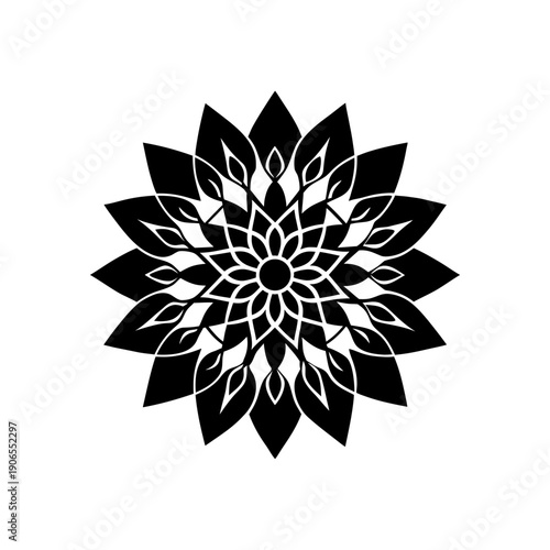 Intricate geometric design resembling a stylized black and white flower pattern