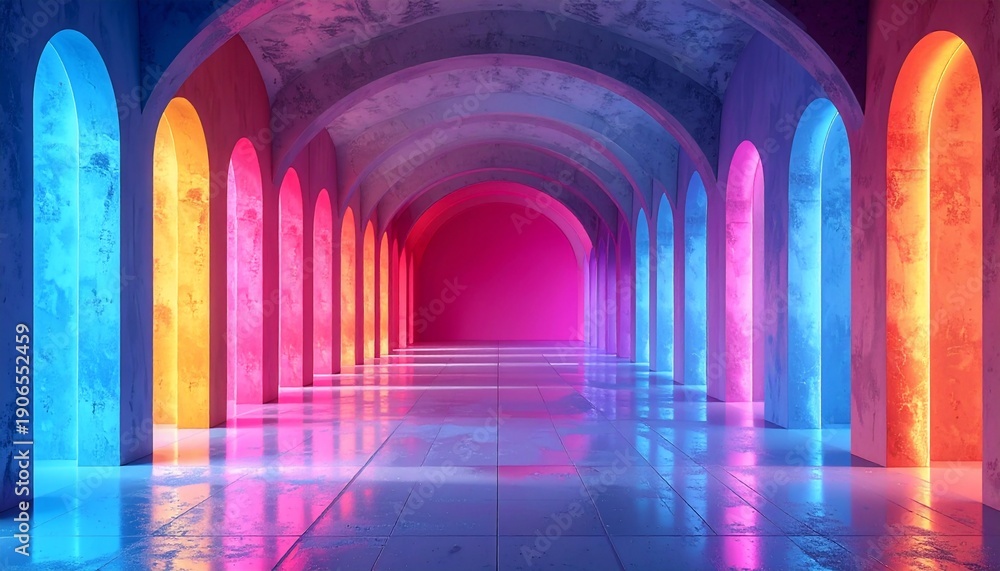 Fototapeta premium Vibrant Neon Corridor - A Mesmerizing Journey Through Colorful Arches and Reflections.