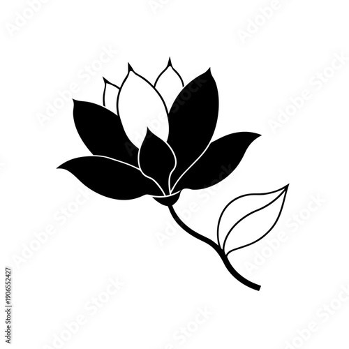 Elegant black and white illustration of a lotus flower with delicate leaves