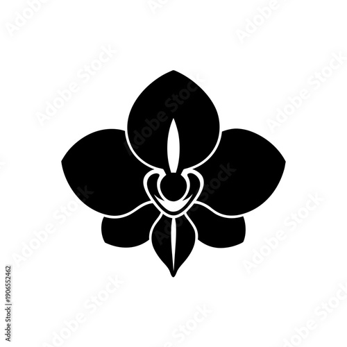 Elegant black and white stylized orchid flower design on plain background