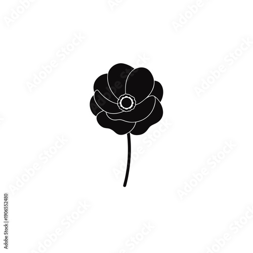 Elegant monochrome flower brooch with intricate petal detailing and a slender stem.