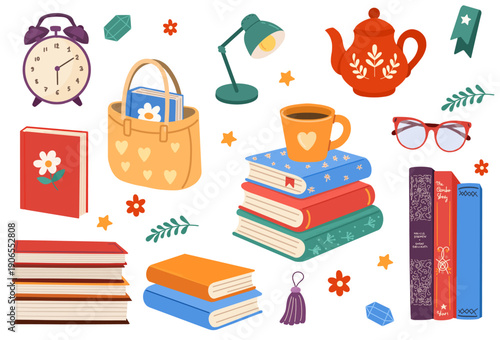 Reading set with books, alarm clock, desk lamp, tote bag, tea cup, eyeglasses and bookmarks. For posters, stickers, stationery, web.