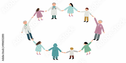 Diverse group of people including doctors holding hands in a circle