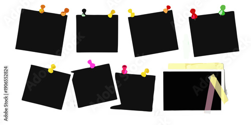 Black sticky notes and a photo pinned to a dark background
