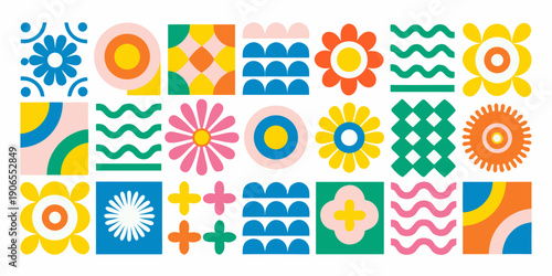 Colorful geometric floral pattern with repeating shapes and vibrant hues