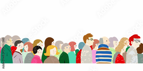 A diverse group of illustrated people standing closely together