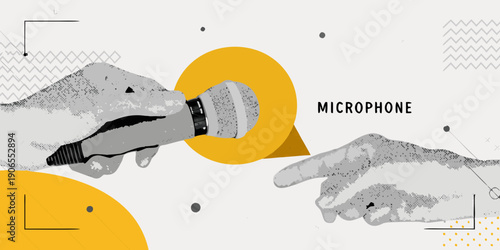 A hand reaching for a microphone stylized with geometric shapes