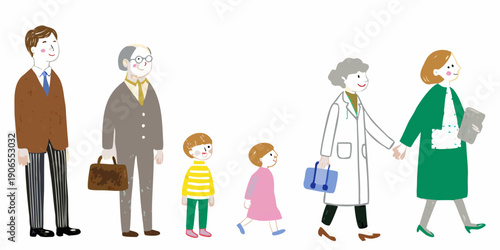 A family of six spanning multiple generations walks in a line