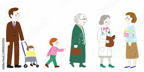 A diverse group of people including family and a doctor are depicted