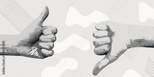 Two hands displaying opposing gestures thumbs up and thumbs down