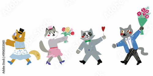 Anthropomorphic cats dressed in formal wear celebrate with flowers and hearts