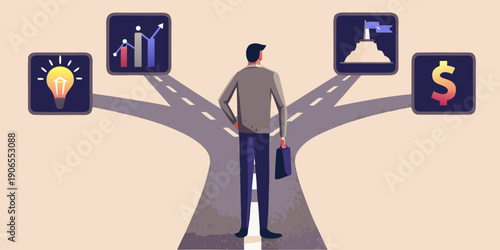 A businessman contemplates career paths represented by icons above a crossroads