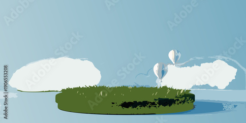 Abstract painting of a figure on a small island with clouds